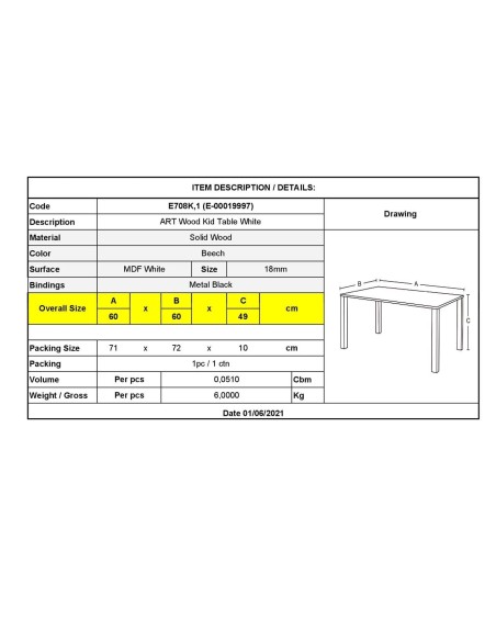 ART Wood Kid Table 60x60-H49cm White