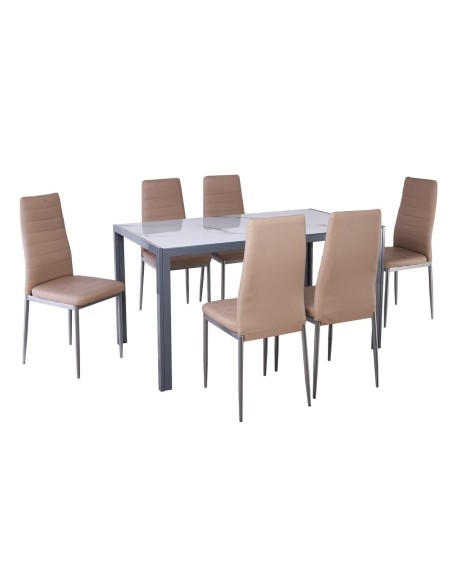 JETTA-DEGO Set (Table 140x80+6 Chair) Metal Grey-Glass White Marble-PVC Beige
