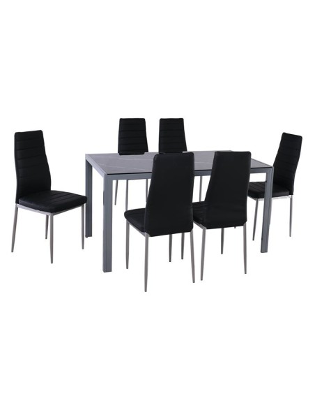 JETTA-DEGO Set (Table 140x80+6 Chair) Metal Grey-Glass Black Marble-PVC Black