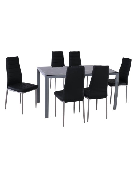 JETTA-DEGO Set (Table 140x80+6 Chair) Metal Grey-Glass Black Marble-PVC Black