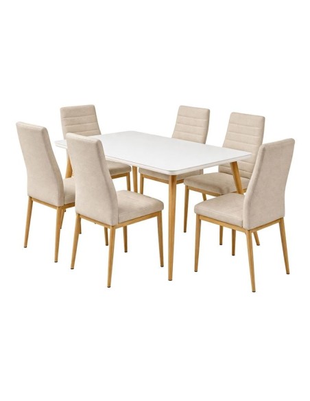JETTA-UNION Set (Table 130x80+6 Chair) Glass MilkyWhite-Natural Paint-Beige Fabr