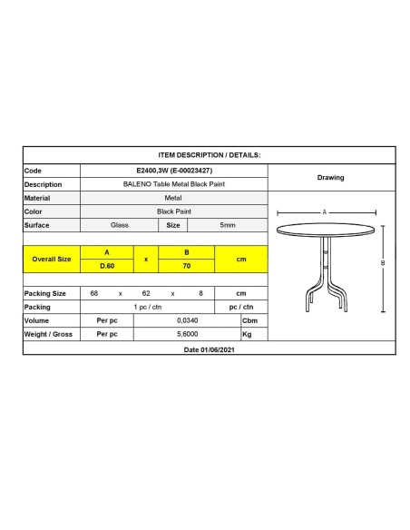 BALENO Τραπέζι Κήπου - Βεράντας, Μέταλλο Βαφή Μαύρο, Γυαλί Tempered