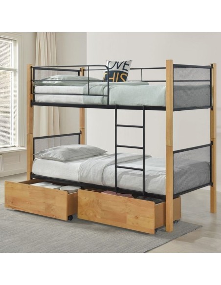 NET Κρεβάτι Κουκέτα με 2 Συρτάρια 94x47x30cm, Μέταλλο Βαφή Μαύρο-Ξύλο Φυσικό