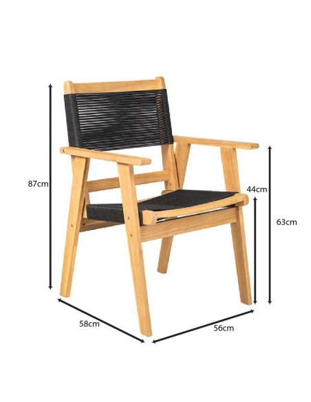 COFFEE Dining Πολυθρόνα Βεράντας - Κήπου, Ξύλο Ακακία Φυσικό, Rope Wicker Μαύρο