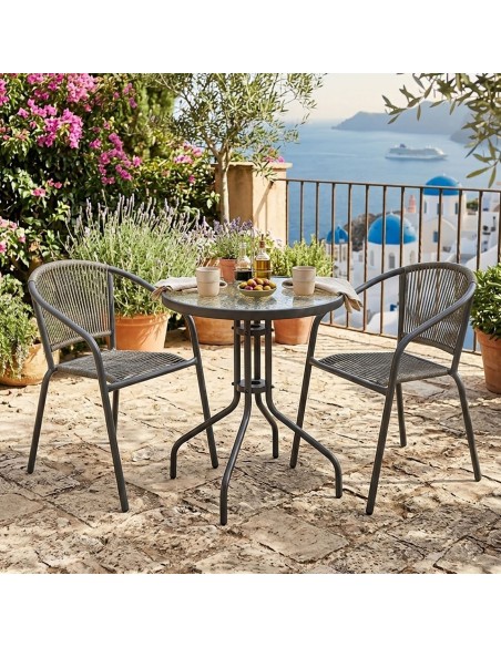 PATTY Set (Table D.60cm+2 Armchairs) Metal Anthracite-PE Rattan Grey