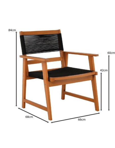 SPRING Living Πολυθρόνα Βεράντας - Κήπου, Ξύλο Ακακία Φυσικό, Rope Wicker Μαύρο