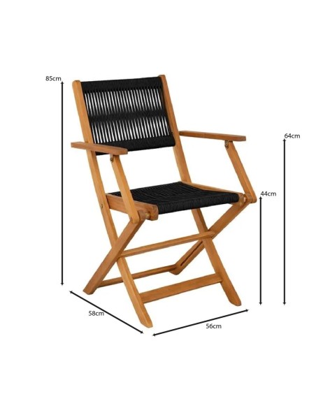 SPRING Πολυθρόνα Πτυσσόμενη Βεράντας - Κήπου, Ξύλο Ακακία Φυσικό, Rope Wicker Μαύρο