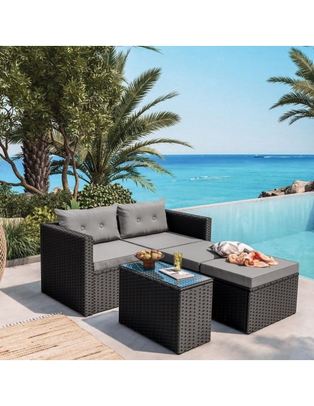JAKARTA Set Σαλόνι Κήπου K-D, Πολυμορφικό 5τ, Μέταλλο-Wicker Μαύρο, Μαξιλάρια Γκρι