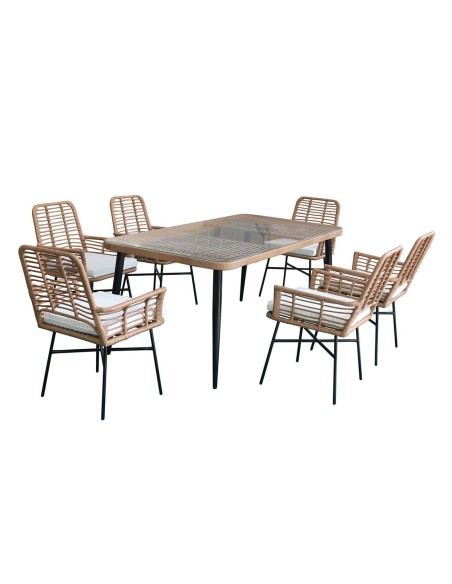 SALSA Dining Set (1+6) Metal Black-Wicker Natural, Cushions White