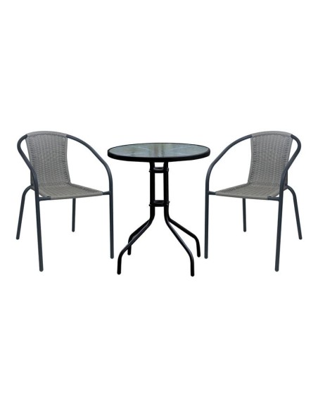 BALENO-W Set (Table D.60cm+2 Armchairs) Metal Black-Mixed Grey Wicker