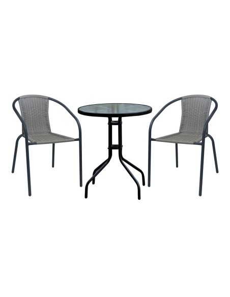 BALENO-W Set (Table D.60cm+2 Armchairs) Metal Black-Mixed Grey Wicker