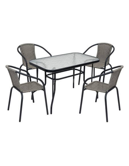 BALENO-W Set (Table 110x60cm+4 Armchairs) Metal Black-Mixed Grey Wicker