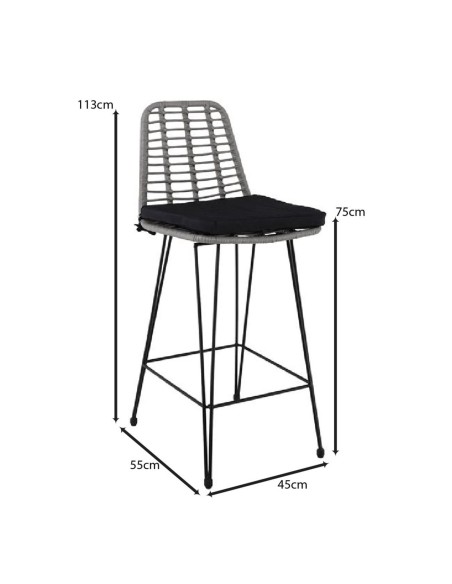 SALSA Bar Stool-Pro with Cushion, Metal Black-Wicker Grey