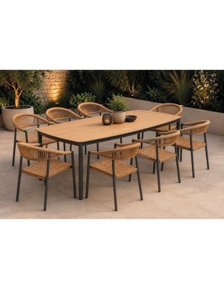 DENVER-MADISON Set Τραπεζαρία: 8 Πολυθρόνες + Τραπέζι, Alu Γκρι Polywood & Wicker Φυσικό