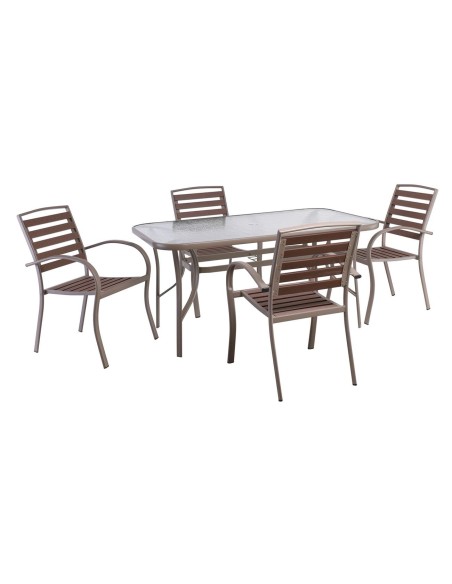 SERRANO-RIO Set Κήπου: Τραπέζι + 4 Πολυθρόνες, Μέταλλο Βαφή Beige, Polywood Καρυδί