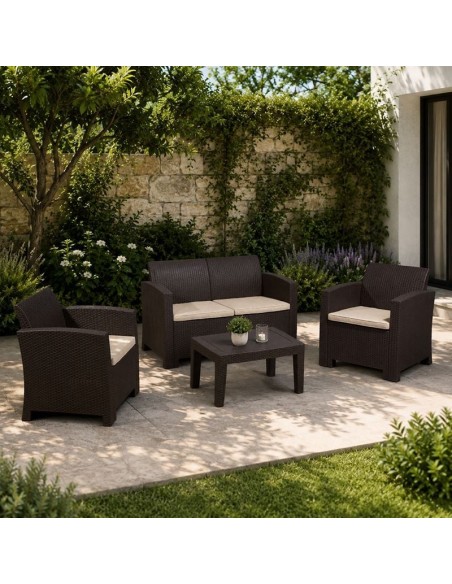 SAVANNA Set K-D (Table+2-Seat Sofa+2 Armchairs) PP-UV Brown-Cushions Grey-White