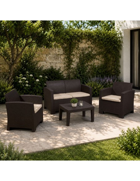 SAVANNA Set K-D (Table+2-Seat Sofa+2 Armchairs) PP-UV Brown-Cushions Grey-White