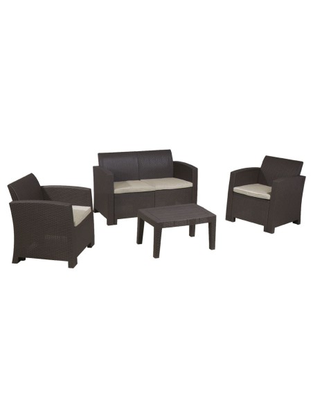 SAVANNA Set K-D (Table+2-Seat Sofa+2 Armchairs) PP-UV Brown-Cushions Grey-White