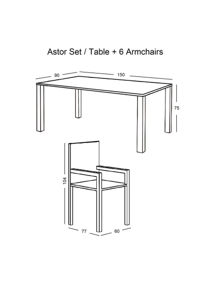 ASTOR Set (6 Chairs-Cushion Beige+Table 150x90) Steel Anthracite
