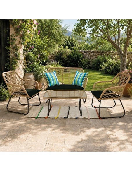 SALSA Set Σαλόνι Κήπου Μέταλλο Μαύρο, Wicker Φυσικό: Τραπέζι + Καναπέ 2Θέσιο + 2 Πολυθρόνες