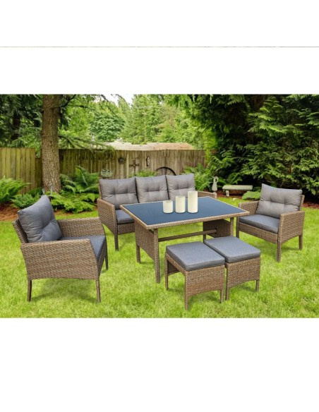 CALIFORNIA Set Metal K-D (6pcs) Twin Wicker Natural-Cushions Grey