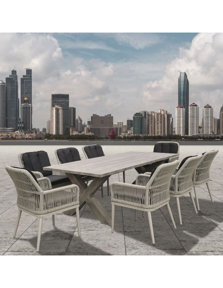 ALLEY Set Τραπεζαρία Κήπου ALU & Rope Grey-Μαξιλ.Ανθρακί: Τραπέζι 220x94 + 8 Πολυθρόνες