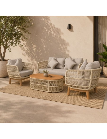 MARK Set (4pcs) Acacia Natural, Rope Wicker Beige, Cushions Beige