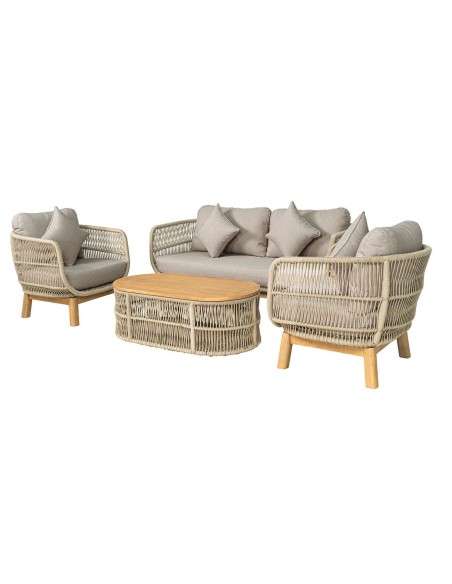 MARK Set (4pcs) Acacia Natural, Rope Wicker Beige, Cushions Beige