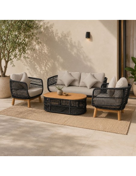 MARK Set (4pcs) Acacia Natural, Rope Wicker Black, Cushions Beige