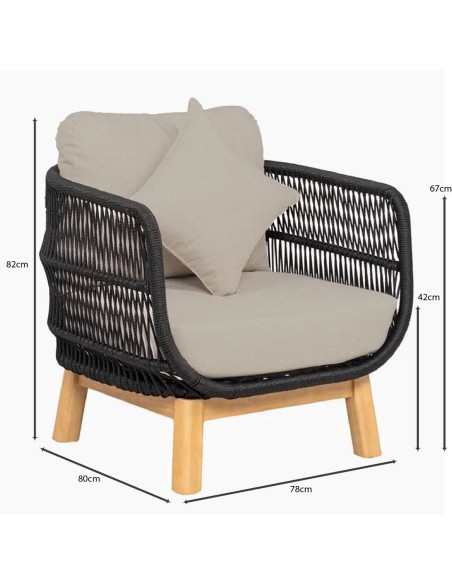 MARK Set (4pcs) Acacia Natural, Rope Wicker Black, Cushions Beige