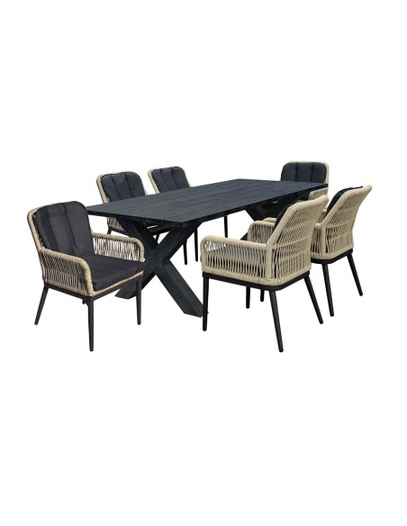 ALLEY Set Τραπεζαρία ALU Ανθρακί-Rope Φυσικό: Τραπέζι 180x94 + 6 Πολυθρόνες με Μαξιλ
