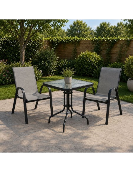 RIO Set (Table 70x70cm+2 Armchairs) Metal Black-Textilene Grey