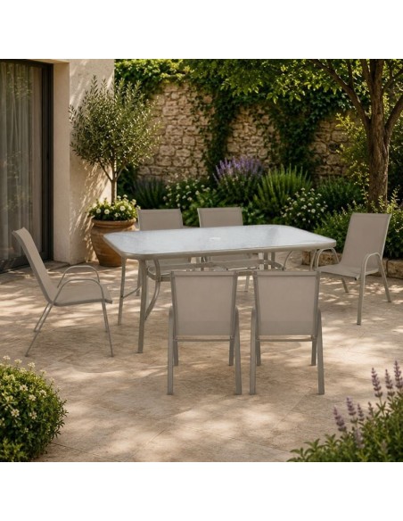 RIO Set (Table 150x90cm+6 Armchairs) Metal Beige-Textilene Beige