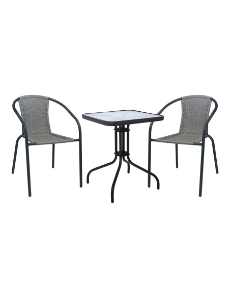 BALENO-W Set (Table 60x60cm+2 Armchairs) Metal Black-Mixed Grey Wicker